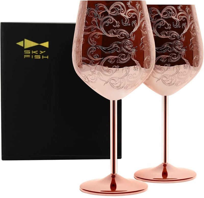 Skyfish Sky Fish Etched Stainless Steel Wine Glasses With Copper Plated,Set of 2(17oz) Wine Goblets - Image 1